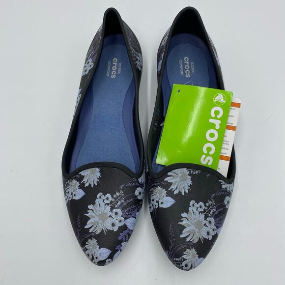 Crocs Women Black Floral Pointy Toe Eve Slip On Flats Size 8 NWT - Picture 4 of 8